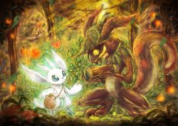 Rule 34 | bug, butterfly, day, ei (stingray), eye contact, furry, green headwear, insect, jug (bottle), lizard, looking at another, motay (ori and the blind forest), ori (ori and the blind forest), ori and the blind forest, outdoors, plant, smile, standing, sunlight, tail, yellow eyes