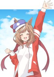 Rule 34 | alternate costume, animal ears, arm up, bad id, bad pixiv id, blush, breasts, brown hair, clenched hand, closed eyes, cloud, cloudy sky, commentary request, hair ornament, hairclip, hat, highres, horse ears, jacket, jersey, matikane tannhauser (umamusume), medium breasts, medium hair, open mouth, sky, solo, track jacket, track suit, umamusume, yukikemuri