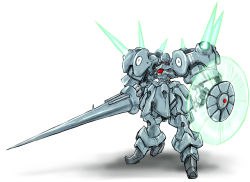 Rule 34 | beam shield, highres, lance, ledjoker07, mecha, no humans, original, polearm, robot, simple background, solo, standing, weapon, white background