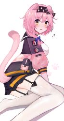 Rule 34 | 1girl, absurdres, animal ears, arknights, arm support, black hairband, black jacket, black skirt, blue bow, blush, bow, braid, breasts, cat ears, cat girl, cat tail, commentary request, from side, garter straps, goldenglow (arknights), hair bow, hair ornament, hairband, hairclip, highres, jacket, lightning bolt print, long hair, looking at viewer, mayuchi427, medium breasts, miniskirt, multicolored clothes, multicolored jacket, no shoes, open clothes, open jacket, parted lips, pink hair, pink jacket, pleated skirt, pocket, shirt, side braid, simple background, single braid, sitting, skirt, solo, tail, thighhighs, white background, white shirt, white thighhighs, yellow eyes, yokozuwari, zettai ryouiki