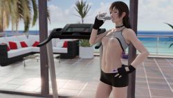 Rule 34 | 1girl, 3d, bike shorts, blender (medium), blurry, blurry background, blush, bottle, bra, bra lift, breasts, brown eyes, brown hair, choker, clothes lift, commentary, day, drinking, english commentary, final fantasy, final fantasy xv, fingerless gloves, gloves, hand on own hip, highres, holding, holding bottle, iris amicitia, lazyprocrastinator, long hair, looking at viewer, medium breasts, navel, nipples, solo, sports bra, sports bra lift, standing, studded choker, sweat, treadmill, underwear, water bottle, window