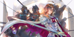 Rule 34 | 1boy, arch, armor, black hair, brown eyes, chinese commentary, cloak, closed mouth, commentary, constantine xi (fate), curtained hair, earrings, english commentary, english text, fate/grand order, fate (series), gloves, hair between eyes, highres, holding, holding sword, holding weapon, jewelry, long hair, looking at viewer, male focus, mixed-language commentary, pillar, pixiv id, serious, soldier, solo focus, steelgarden, sunlight, sword, tassel, torn cloak, torn clothes, twitter username, two-sided fabric, upper body, weapon, white armor, white cloak, white gloves