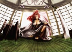 Rule 34 | 1girl, arc system works, baiken, breasts, cleavage, guilty gear, japanese clothes, katana, kimono, one-eyed, one eye closed, open clothes, open kimono, pink hair, ponytail, red hair, scar, scar across eye, scar on face, sitting, solo, sword, tatami, tattoo, weapon, wink, yosa