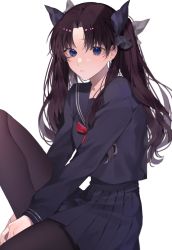 Rule 34 | 1girl, bad id, bad twitter id, black hair, black pantyhose, black ribbon, black shirt, blue eyes, blush, commentary request, fate/stay night, fate (series), feet out of frame, frown, hair ribbon, highres, knee up, long hair, long sleeves, looking at viewer, pantyhose, parted bangs, pleated skirt, ribbon, sailor collar, school uniform, serafuku, shimatori (sanyyyy), shirt, simple background, sitting, skirt, solo, tohsaka rin, two side up, white background