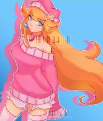 Rule 34 | 1girl, beanie, blonde hair, blue background, blue eyes, blush, breasts, collar, collarbone, cresscin, crown hair ornament, earrings, hair ornament, hat, jewelry, large breasts, long hair, long sleeves, looking at viewer, mario (series), nintendo, off shoulder, pink hat, pink sweater, pink thighhighs, princess peach, sleeves past wrists, solo, spiked collar, spikes, standing, super mario bros. 1, sweater, thighhighs