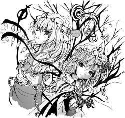 Rule 34 | 2girls, bug, butterfly, chain, female focus, flandre scarlet, flower, greyscale, hat, insect, mob cap, monochrome, multiple girls, saigyouji yuyuko, short hair, smile, touhou, white background, wings, yamamoto nori