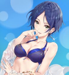 Rule 34 | 1girl, animal ears, bikini, black hair, blue bikini, breasts, cleavage, hayami kanade, idolmaster, idolmaster cinderella girls, looking at viewer, medium breasts, navel, open clothes, open shirt, parted bangs, parted lips, sayuuiede, shirt, short hair, smile, solo, sparkle, swimsuit, upper body, wet, wet clothes, wet shirt, yellow eyes