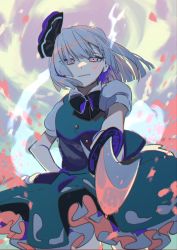 Rule 34 | 1girl, black bow, black hairband, black neckwear, bow, closed mouth, dress, ghost, green dress, hairband, hand on own hip, highres, katana, konpaku youmu, looking at viewer, multicolored background, pink eyes, pointing, pointing at viewer, shi chimi, short hair, short sleeves, silver hair, smile, solo, sword, touhou, weapon, white sleeves