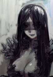 Rule 34 | 1girl, armor, black hair, blindfold, breasts, cleavage, fur trim, humi, large breasts, lipstick, long hair, looking at viewer, makeup, parted bangs, see-through, smile, solo, toi8, upper body