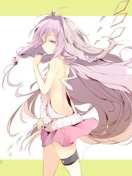 Rule 34 | 1girl, aran sweater, backless outfit, bad id, bad twitter id, bare back, bare shoulders, braid, cable knit, closed mouth, expressionless, floating hair, from side, hair between eyes, halterneck, hand up, highres, ia (vocaloid), light purple hair, long hair, looking at viewer, meme attire, oyamada (pi0v0jg), oyamade (pi0v0jg), pink skirt, purple eyes, ribbed sweater, simple background, skirt, solo, sweater, thigh strap, turtleneck, turtleneck sweater, two-tone background, very long hair, virgin killer sweater, vocaloid, white background, yellow background