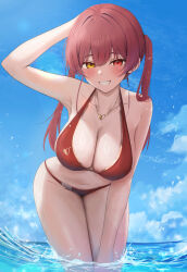Rule 34 | 1girl, beach, bikini, blush, breasts, cleavage, haro art, heterochromia, highres, hololive, houshou marine, jewelry, large breasts, leaning forward, looking at viewer, necklace, outdoors, red eyes, red hair, smile, solo, swimsuit, twintails, virtual youtuber, yellow eyes