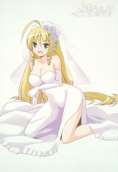 Rule 34 | 1girl, absurdres, ahoge, bare shoulders, blonde hair, blush, breast hold, breasts, bridal veil, bride, cleavage, collarbone, dress, drill hair, flower, gloves, hayate no gotoku!, highres, large breasts, legs, long hair, open mouth, red eyes, scan, solo, tennousu athena, thighs, veil, wedding dress