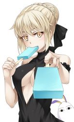 Rule 34 | 2girls, artoria pendragon (all), artoria pendragon (alter swimsuit rider) (first ascension) (fate), artoria pendragon (fate), bare shoulders, black dress, blonde hair, blush, braid, breasts, center opening, dress, eating, fate/grand order, fate (series), feeding, food, foreshortening, french braid, hair ribbon, incoming food, looking at viewer, medium breasts, medjed (fate), mukunokino isshiki, multiple girls, nitocris (fate), nitocris (fate/grand order), nitocris (swimsuit assassin) (fate), official alternate costume, popsicle, pov feeding, ribbon, saber alter, simple background, sleeveless, sleeveless dress, sleeveless turtleneck, turtleneck, upper body, white background, yellow eyes