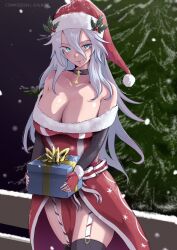 Rule 34 | 1girl, bare shoulders, black choker, black thighhighs, blue eyes, breasts, choker, christmas tree, cleavage, collarbone, commentary, commission, cowboy shot, dress, fingerless gloves, garter straps, gloves, grey hair, highres, large breasts, long hair, long sleeves, looking at viewer, mistletoe hair ornament, off-shoulder dress, off shoulder, original, red dress, red gloves, red headwear, smile, solo, standing, thighhighs, thighs, very long hair, vialnite