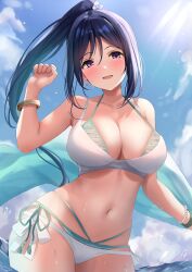 Rule 34 | 1girl, bikini, blue hair, blue sky, blush, bracelet, breasts, cloud, commission, contrapposto, cowboy shot, day, floating hair, highres, jewelry, large breasts, long hair, looking at viewer, love live!, love live! sunshine!!, manda (manda9n), matsuura kanan, navel, open mouth, pixiv commission, ponytail, purple eyes, sky, solo, stomach, swimsuit, very long hair, wading, water, wet, white bikini