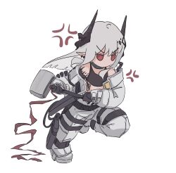 Rule 34 | 1girl, anger vein, arknights, bare shoulders, black gloves, black tank top, boots, chibi, commentary request, ear piercing, gloves, grey hair, hammer, highres, holding, horns, jumpsuit, long hair, long sleeves, looking away, mudrock (arknights), mudrock (elite ii) (arknights), piercing, pointy ears, puffy long sleeves, puffy sleeves, red eyes, running, simple background, sledgehammer, solo, tank top, v-shaped eyebrows, very long hair, white background, white footwear, white jumpsuit, woshigepangzhitong