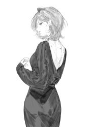 Rule 34 | 1girl, dress, earrings, greyscale, hair between eyes, jewelry, long sleeves, looking at viewer, looking back, moaomao mo, monochrome, original, parted lips, ring, short hair, simple background, sketch, solo, standing, white background