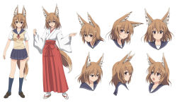 Rule 34 | 1girl, animal ears, bad id, bad pixiv id, blush, brown eyes, brown hair, character sheet, expressions, fox ears, fox girl, fox tail, hakama, hakama skirt, highres, ishida seito, japanese clothes, looking at viewer, miko, multiple views, open mouth, original, red hakama, sandals, school uniform, short hair, simple background, skirt, smile, sweatdrop, tail, tears, traditional youkai, white background, wide sleeves