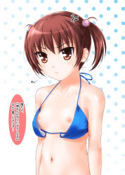 Rule 34 | 1girl, :t, anger vein, bare shoulders, bikini, blue bikini, blush, breast conscious, breasts, brown eyes, brown hair, collarbone, female focus, flat chest, hair ornament, halterneck, looking at viewer, navel, nipples, original, oversized clothes, polka dot, polka dot background, short hair, short twintails, simple background, small breasts, solo, string bikini, sweatdrop, swimsuit, translated, tsuchinoto, twintails, upper body
