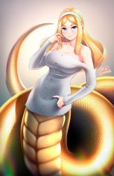 Rule 34 | 1girl, bare shoulders, blonde hair, blue eyes, breasts, cloudxmoe, highres, lamia, large breasts, monster girl, off shoulder, original, pointy ears, scales, smile, snake tail, solo, tail