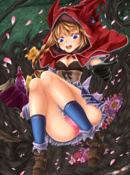 Rule 34 | 1girl, alcohol, basket, black gloves, blonde hair, blue eyes, blue socks, bottle, braid, breasts, cheese, cleavage, colored eyelashes, food, fur, gloves, highres, hood, kneehighs, little red riding hood (lord of vermillion iii), long hair, lord of vermilion, lord of vermilion iii, panties, pink panties, pointing, shimo (depthbomb), sitting, skirt, small breasts, socks, solo, underwear, wine, wolf
