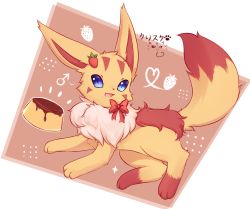 Rule 34 | :3, absurdres, animal focus, artist name, blue eyes, bow, brown background, creatures (company), eevee, facial mark, fakemon, fang, flan, fluffy, food, food-themed hair ornament, food themed hair ornament, fruit, full body, fur collar, game freak, gen 1 pokemon, hair ornament, happy, heart, highres, japanese text, kryztar, looking at viewer, mars symbol, nintendo, no humans, notice lines, open mouth, outline, pokemon, pokemon (creature), pudding, red bow, signature, skin fang, smile, solo, strawberry, strawberry hair ornament, two-tone background, white outline
