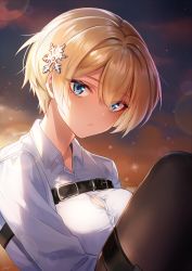 Rule 34 | 1girl, belt, black belt, black pantyhose, blonde hair, blue eyes, blush, breasts, button gap, cleavage, closed mouth, collared shirt, commentary request, girls&#039; frontline, glint, hair between eyes, hair intakes, hair ornament, highres, large breasts, lens flare, long sleeves, looking at viewer, mole, mole under eye, no jacket, pantyhose, polla, pouch, shirt, short hair, sidelocks, signature, sitting, sky, snowflake hair ornament, solo, star (sky), starry sky, thigh pouch, twilight, upper body, vsk-94 (girls&#039; frontline), white shirt