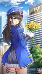 Rule 34 | 1girl, absurdres, black hair, blue coat, blue hat, bnari, cloud, coat, coat on shoulders, copyright name, cowboy shot, diesel (nikke), earrings, flower, from behind, gloves, goddess of victory: nikke, hat, highres, holding, holding flower, jewelry, long sleeves, looking at viewer, military, military hat, military uniform, open mouth, orange eyes, outdoors, pleated skirt, skirt, smile, solo, standing, thighs, triangle earrings, uniform, white gloves