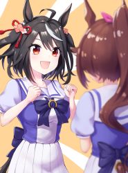 Rule 34 | 2girls, ahoge, animal ears, black hair, blurry, blurry foreground, bow, bowtie, breast envy, brown hair, clenched hands, commentary, depth of field, frills, hair ornament, high ponytail, highres, horse ears, horse girl, horseshoe ornament, kitasan black (umamusume), long hair, looking down, multicolored hair, multiple girls, open mouth, pleated skirt, puffy short sleeves, puffy sleeves, purple bow, purple bowtie, purple shirt, red eyes, sailor collar, sailor shirt, school uniform, shirt, short hair, short sleeves, skirt, tem (tempainting1), tokai teio (umamusume), tracen school uniform, two-tone hair, umamusume, white hair, white skirt