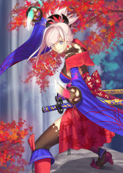 Rule 34 | &gt;:), 1girl, autumn leaves, black thighhighs, blue eyes, boots, breasts, choker, detached sleeves, dual wielding, fate/grand order, fate (series), fighting stance, foreshortening, glint, high heel boots, high heels, highres, holding, holding sword, holding weapon, japanese clothes, katana, kimono, large breasts, leaf, leaf print, long sleeves, maple leaf, maple leaf print, miyamoto musashi (fate), miyamoto musashi (third ascension) (fate), parted lips, pointing, pointing at viewer, ponytail, revision, sash, silver hair, smile, solo, sword, thighhighs, tree, tsukikanade, v-shaped eyebrows, weapon, wide sleeves