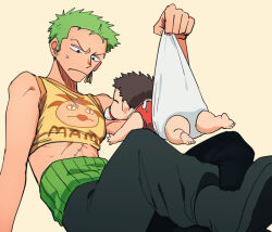 Rule 34 | 1boy, 1other, baby, crop top, diaper, earrings, feet out of frame, green hair, haramaki, holding baby, jewelry, male focus, ns1123, one piece, pacifier, roronoa zoro, scar, scar on chest, short hair, sideburns, simple background, single earring, yellow background