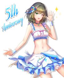 Rule 34 | 1girl, ;d, absurdres, bare arms, blue gemstone, blue ribbon, blue skirt, bra, breasts, brown hair, cinderella bust, collarbone, cowboy shot, gem, go to paradise (idolmaster), green eyes, groin, hair intakes, hair ornament, hair ribbon, highres, idolmaster, idolmaster cinderella girls, jewelry, layered skirt, long hair, looking at viewer, medium breasts, midriff, miniskirt, mole, mole under eye, multicolored clothes, multicolored skirt, navel, necklace, nyome991, one eye closed, open mouth, pink ribbon, ribbon, skirt, smile, solo, stomach, takagaki kaede, underwear, white background, white bra, white ribbon, white skirt