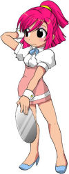 Rule 34 | 1girl, anna miller, arm behind head, arm up, black eyes, blue footwear, blue ribbon, blush, breasts, dress, female focus, full body, high heels, high ponytail, holding, kumatora, looking to the side, mother (game), mother 3, neck ribbon, nintendo, pink dress, pink hair, ponytail, puffy short sleeves, puffy sleeves, ribbon, shoes, short hair, short sleeves, solo, standing, tray, waitress, yoshikoshi (mother 3)
