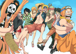 Rule 34 | 2girls, 6+boys, abs, afro, antlers, artist request, bandana, bare shoulders, barefoot, black footwear, black hair, black headwear, blonde hair, blue hair, blue shirt, blue sky, boots, brook (one piece), chain, cigarette, closed eyes, cloud, cloudy sky, collared shirt, cowboy hat, curly hair, dress, everyone, floral print, flower, flying, franky (one piece), glasses, gloves, green hair, green shirt, grin, hair over one eye, happy, haramaki, hat, head rest, helmet, holding, horns, hug, jacket, jewelry, long hair, long sleeves, male swimwear, monkey d. luffy, multiple boys, multiple girls, muscular, nami (one piece), necklace, nico robin, no pants, one piece, one piece: strong world, open clothes, open jacket, open mouth, open shirt, orange hair, orange shirt, outdoors, pants, pink footwear, pirate, print male swimwear, print swim briefs, print swimsuit, red male swimwear, red swim briefs, reindeer, roronoa zoro, sandals, sanji (one piece), sash, scar, shirt, shoes, short sleeves, shorts, skeleton, skull, sky, sleeveless, sleeveless shirt, smile, star (symbol), star print, straw hat, striped clothes, striped dress, striped shirt, sunglasses, sweater, sweater dress, swim briefs, swimsuit, t-shirt, tank top, tears, teeth, tony tony chopper, usopp, vest, white gloves, yellow headwear