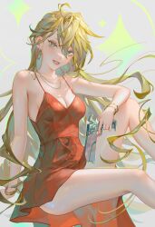 Rule 34 | 1girl, absurdres, arm on knee, blonde hair, bracelet, breasts, cleavage, dress, earrings, gun, hair between eyes, handgun, highres, holding, holding gun, holding weapon, hoop earrings, invisible chair, jewelry, long hair, looking at viewer, medium breasts, necklace, no bra, panty &amp; stocking with garterbelt, panty (psg), parted lips, red dress, red lips, sitting, solo, spaghetti strap, tamaki (tamaki599), weapon