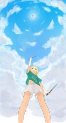 Rule 34 | 1girl, absurdres, arm up, blonde hair, chintara10, closed mouth, cloud, diabolo, english text, feet out of frame, from below, green hair, green shirt, highres, holding, lens flare, midriff peek, navel, original, outdoors, pointing, pointing up, shirt, short hair, short sleeves, shorts, sky, solo, sun, white shorts, wide shot