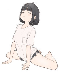 Rule 34 | 1girl, 1ssakawaguchi, = =, absurdres, arm support, bare legs, barefoot, black shorts, blush, bob cut, breasts, closed eyes, dolphin shorts, highres, medium breasts, original, shirt, short sleeves, shorts, simple background, solo, spread legs, stretching, white background, white shirt