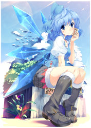 Rule 34 | 1girl, absurdres, alternate costume, alternate hairstyle, blue eyes, blue hair, blue sky, blush, boots, bow, buckle, can, cirno, day, flower, fur trim, hair bow, highres, knee boots, light rays, matching hair/eyes, outdoors, rozea (graphmelt), shirt, short hair, sitting, skirt, sky, smile, solo, sunbeam, sunlight, touhou, vest, wings