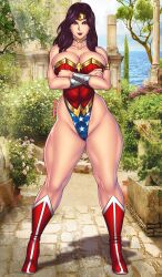 Rule 34 | 1girl, absurdres, armored leotard, artist name, bare legs, bare shoulders, bemannico, black hair, blue eyes, bracer, breasts, circlet, cleavage, collarbone, cowboy shot, crossed arms, curvy, day, dc comics, earrings, eyelashes, full body, highleg, highleg leotard, highres, holding, jewelry, large breasts, lasso, lasso of truth, leotard, lips, long hair, looking at viewer, muscular, muscular female, neck ring, revealing clothes, sidelighting, sky, solo, standing, star (symbol), star earrings, strapless, strapless leotard, superhero costume, thong, wide hips, wonder woman, wonder woman (series)