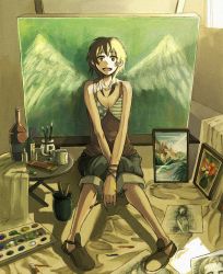 Rule 34 | 1girl, brown hair, brush, canvas (object), dirty, looking at viewer, mosamosa, painting (action), palette (object), ron (mosamosa), short hair, shorts, sitting, smile, solo, wings