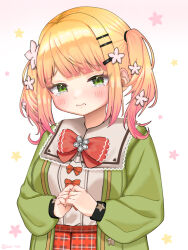 Rule 34 | 1girl, blonde hair, blush, bow, flower, green eyes, hair flower, hair ornament, hairclip, hololive, ichika (ick 514), long sleeves, looking at viewer, momosuzu nene, momosuzu nene (casual), own hands together, plaid, red bow, standing, star (symbol), tearing up, twintails, virtual youtuber
