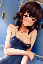 Rule 34 | 1girl, areola slip, bad id, bad pixiv id, bare shoulders, blue one-piece swimsuit, blush, breasts, brown hair, cleavage, clothes pull, collarbone, competition school swimsuit, embarrassed, hair between eyes, highres, indoors, locker, locker room, long hair, looking at viewer, medium breasts, one-piece swimsuit, one-piece swimsuit pull, original, purple eyes, school swimsuit, sidelocks, solo, swimsuit, terakoya, upper body