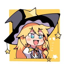 Rule 34 | 1girl, :d, black hat, black vest, blonde hair, blue eyes, blush, bow, bowtie, braid, commentary request, cookie (touhou), fang, hat, hat ornament, juliet sleeves, kirisame marisa, long sleeves, looking afar, medium bangs, notice lines, open mouth, puffy sleeves, ruka (cookie), shirt, side braid, single braid, smile, sn (zigzagspark6), solo, star (symbol), star hat ornament, touhou, two-tone background, upper body, vest, white background, white shirt, witch hat, yellow background, yellow bow, yellow bowtie