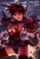 Rule 34 | 1girl, ahoge, architecture, boots, breasts, brown hair, brown thighhighs, cleavage, cloud, cloudy sky, collarbone, commentary, cowboy shot, east asian architecture, fang, feathers, female focus, floating island, gender request, genderswap, gloves, green eyes, highres, journey to the west, large breasts, light rays, long hair, looking at viewer, monkey tail, original, outdoors, parted lips, polearm, ryu shou, sky, smile, solo, spiked hair, sun wukong, sunbeam, sunlight, tail, thighhighs, weapon