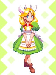 Rule 34 | 1girl, animal ears, blonde hair, blue eyes, bow, brown footwear, dress, full body, green dress, hair bow, horns, original, own hands together, pixel art, pixelflag, puffy sleeves, red bow, simple background, standing