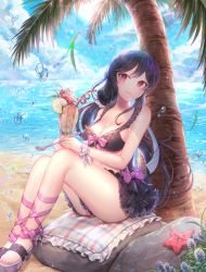 Rule 34 | 1girl, bad id, bad pixiv id, beach, black hair, blanket, blush, breasts, cleavage, closed mouth, clothes between thighs, cup, day, drinking glass, full body, holding, holding cup, holding drinking glass, holding spoon, large breasts, long hair, looking at viewer, original, outdoors, ozzingo, rock, sitting, smile, solo, spoon, starfish, tree, water drop