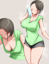 Rule 34 | 1girl, black hair, blush, breasts, cleavage, downblouse, closed eyes, grey background, hanging breasts, highres, hyuuman, large breasts, leaning forward, medium hair, multiple views, original, parted lips, shorts, simple background, sweat, towel