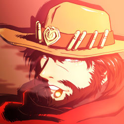 Rule 34 | 1boy, beard, brown eyes, brown hair, bullet, cape, cassidy (overwatch), cigar, close-up, commentary, cowboy hat, facial hair, hat, looking at viewer, male focus, overwatch, overwatch 1, portrait, red cape, sijia wang, smoking, solo