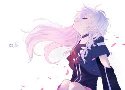 Rule 34 | 1girl, arm support, arms behind back, bare legs, bare shoulders, black choker, black neckwear, black shirt, braid, choker, closed mouth, commentary, eyelashes, closed eyes, flat chest, floating hair, gomiyama, happy, head back, ia (vocaloid), legs together, light smile, long hair, petals, shirt, simple background, sitting, solo, symbol-only commentary, twin braids, upper body, vocaloid, white background, white hair