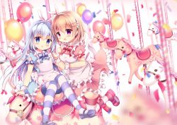 Rule 34 | 2girls, :d, animal ears, apron, azumi kazuki, balloon, blue bow, blue dress, blue eyes, blue footwear, blue hair, blurry, blurry background, blush, bow, candy, carousel, commentary request, confetti, depth of field, dress, fake animal ears, food, frilled apron, frills, gochuumon wa usagi desu ka?, hair between eyes, hair ornament, hairband, hairclip, heart, holding, holding candy, holding food, holding lollipop, hoto cocoa, kafuu chino, light brown hair, lollipop, long hair, looking at viewer, mary janes, multiple girls, open mouth, parted lips, pink dress, puffy short sleeves, puffy sleeves, purple eyes, rabbit ears, red bow, shoes, short sleeves, smile, striped bow, striped clothes, striped legwear, striped thighhighs, thighhighs, very long hair, white apron, white hairband, wrist cuffs
